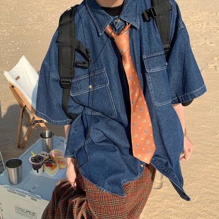 C2自制/简约百搭水洗牛仔宽松短袖衬衫情侣做旧复古半袖韩版衬衣