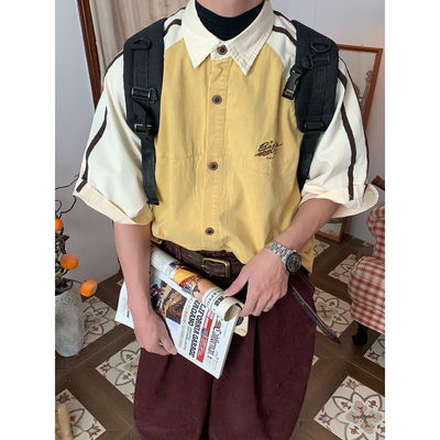 C2自制/复古撞色拼接牛仔衬衫短袖男女同款宽松百搭夏季新款上衣