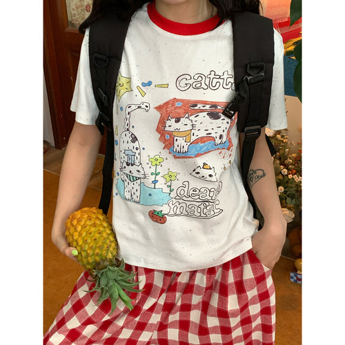 C2自制/复古亚萌y2k撞色卡通印花短袖T恤女夏季少女感减龄上衣夏