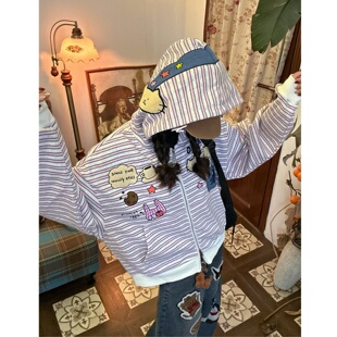 C2自制/美式复古猫咪刺绣条纹开衫连帽卫衣男女同款宽松短外套