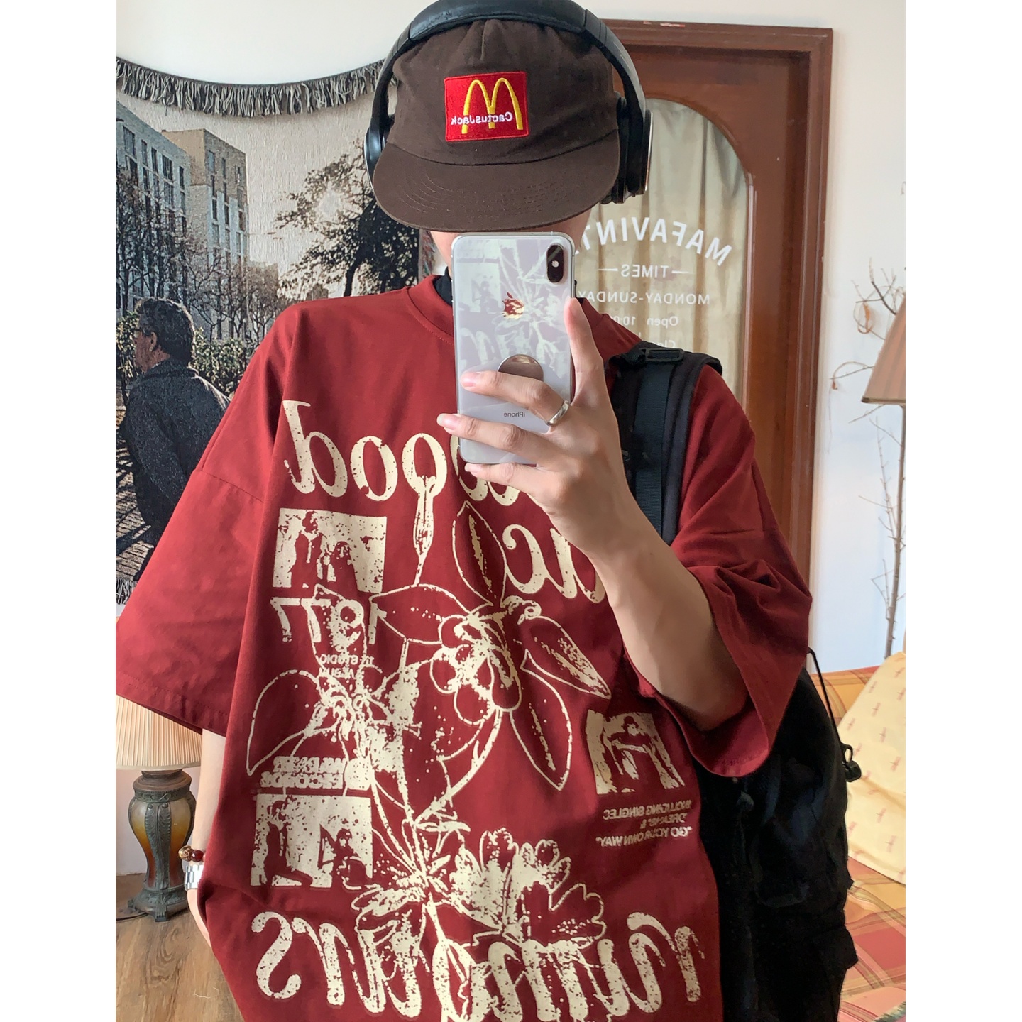 C2自制/美式复古花卉字母印花短袖T恤女夏季宽松bf慵懒风正肩上衣