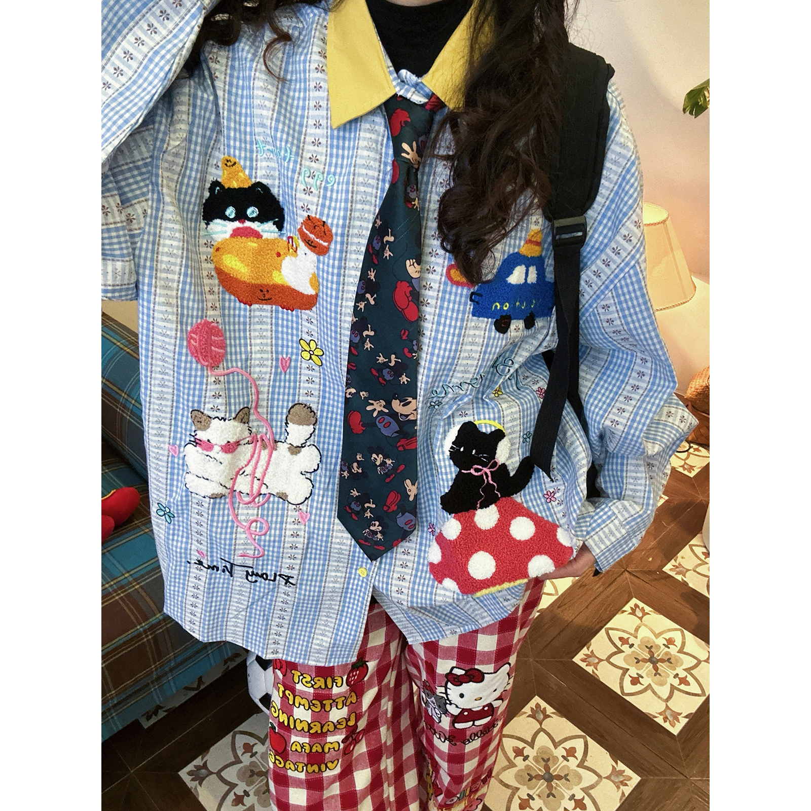 C2自制/复古格子卡通贴布刺绣长袖衬衫男女秋款撞色高街百搭上衣