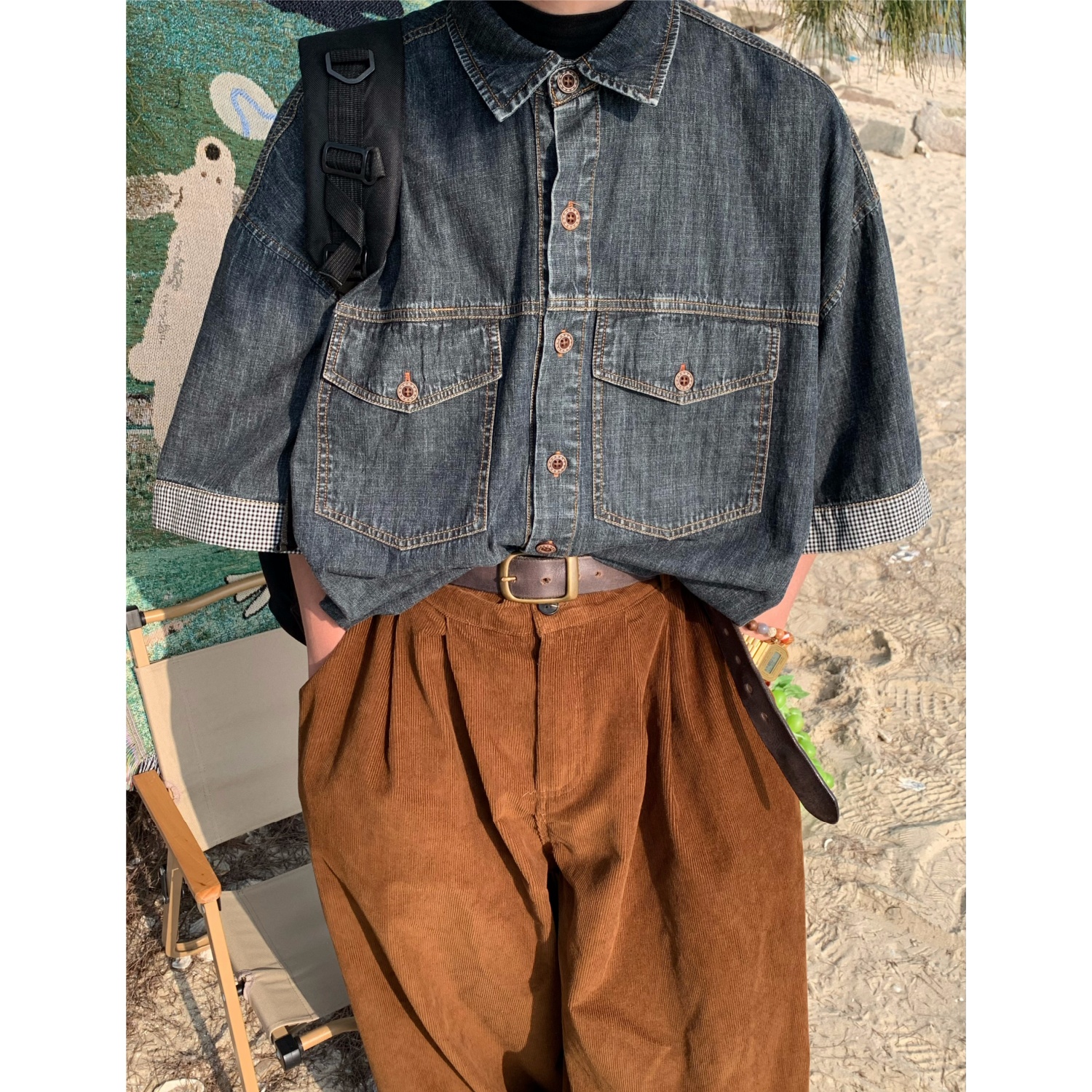 C2自制/美式复古水洗做旧牛仔短袖衬衫男女夏季宽松潮牌上衣潮ins