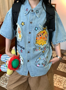 C2自制/星星人卡通贴布绣牛仔衬衫男女同款短袖宽松休闲衬衣夏季