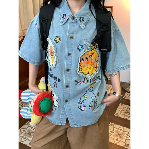 C2自制/星星人卡通贴布绣牛仔衬衫男女同款短袖宽松休闲衬衣夏季