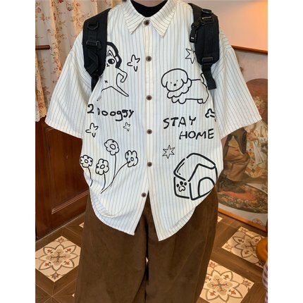 C2原创/美式复古条纹短袖衬衫情侣夏季宽松小狗百搭宽松上衣潮牌