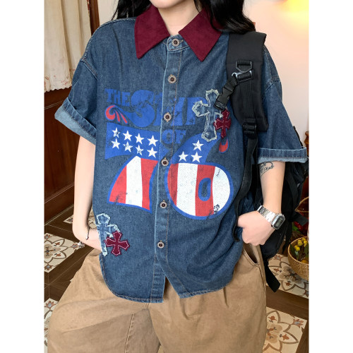 C2自制/美式复古撞色翻领牛仔衬衫男女同款夏季新款宽松百搭上衣