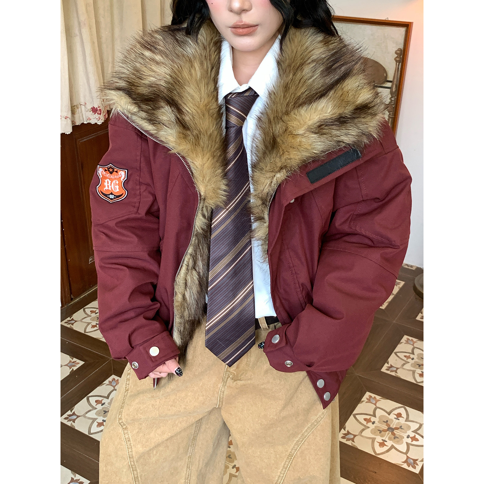 C2自制/美式复古领派克棉服男女秋冬新款保暖座山雕宽松百搭外套