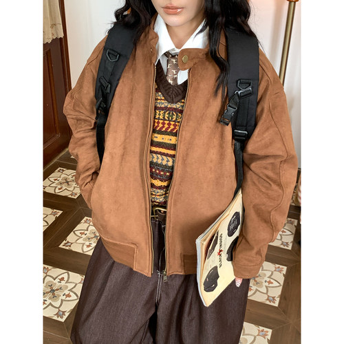 【新品买二送一】美式复古麂皮绒翻领夹克女秋日宽松短款休闲外套