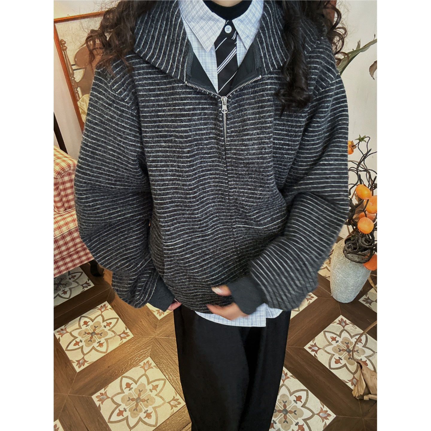 C2自制/条纹连帽卫衣外套男女同款秋冬季磨毛宽松慵懒风开衫上衣