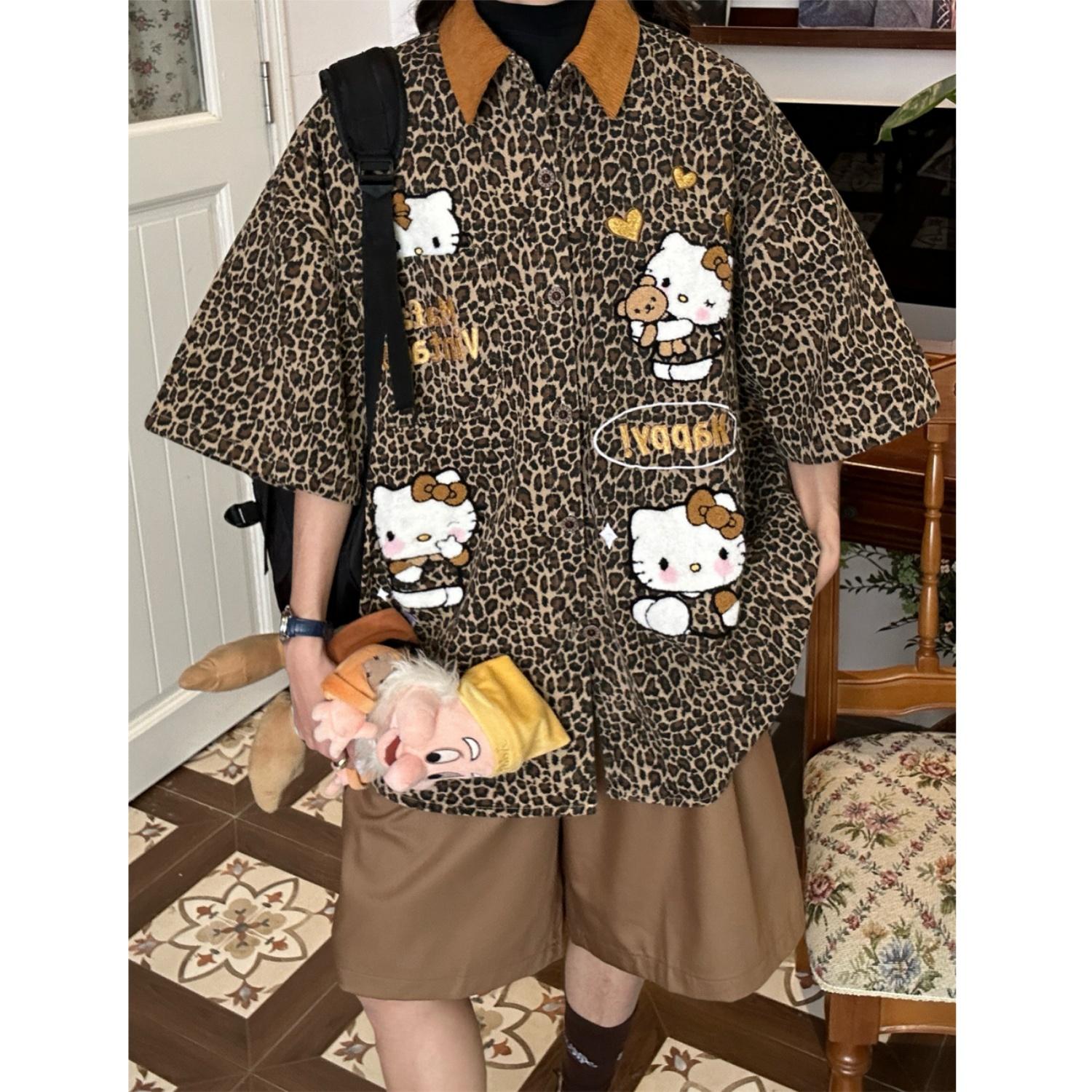 C2自制/2025夏季新款潮牌短袖衬衣美式复古植绒kitty刺绣豹纹衬衫