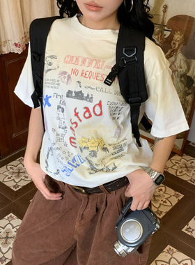 【新品买二送一】美式涂鸦短袖T恤男女小众个性字母印花宽松上衣