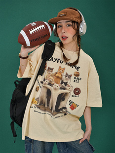 新款 T恤女2025年夏季 卡通小众上衣潮 复古可爱小猫宽松短袖 C2自制