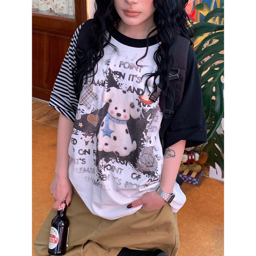 C2自制/卡通可爱狗狗印花短袖T恤男女宽松百搭插肩袖学院风上衣夏
