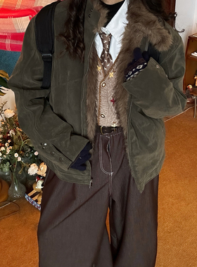 C2自制/复古毛领麂皮夹克男女同款冬款宽松保暖棉服冬季百搭外套