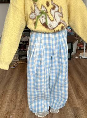 C2自制/2025秋冬蓝色格子加厚休闲裤女宽松阔腿山本裤垂感长裤