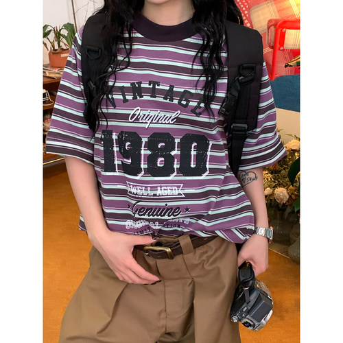 C2自制/复古撞色条纹短袖T恤男女同款字母印花做旧百搭休闲上衣夏