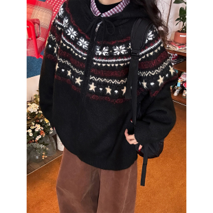 连帽拉链保暖毛衣外套 女秋冬新款 C2自制 费尔岛复古提花针织开衫