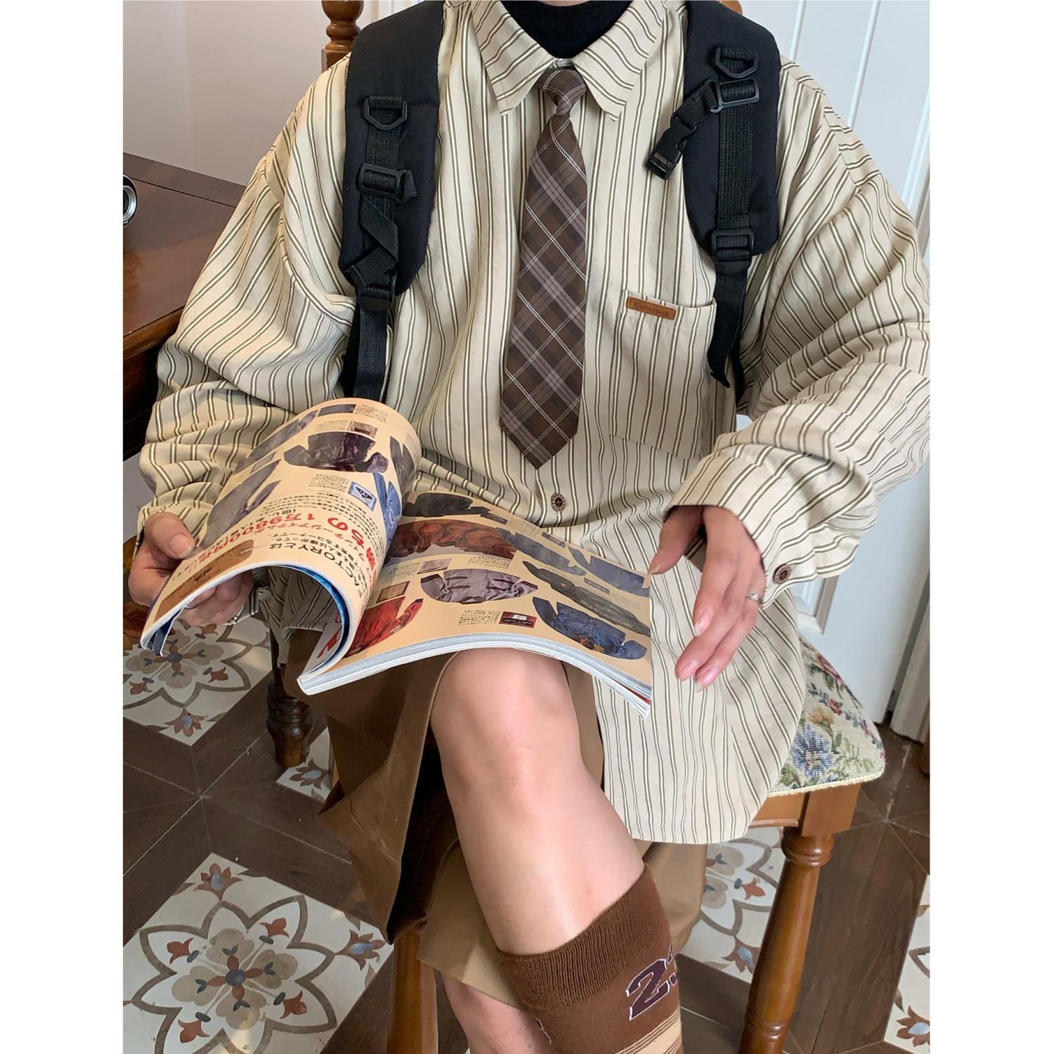 C2自制/日系复古条纹长袖衬衫配领带情侣宽松休闲打底衬衣外套潮