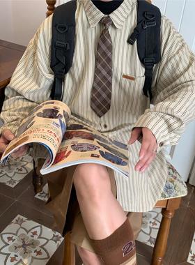 C2自制/日系复古条纹长袖衬衫配领带情侣宽松休闲打底衬衣外套潮