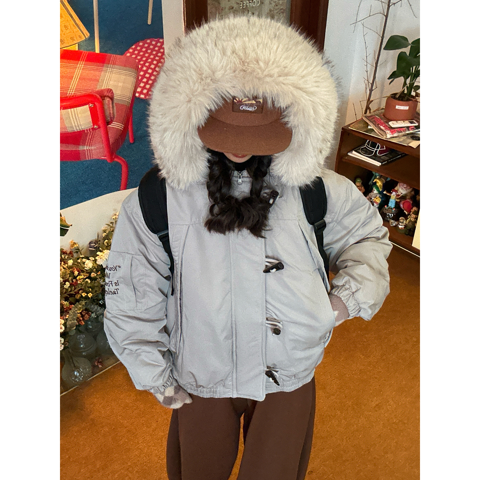 C2自制/大毛领牛角扣连帽夹克棉衣外套冬款男女短款棉服秋冬新款