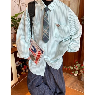 日系复古竖条纹长袖 开衫 衬衫 秋季 宽松学院风上衣 男女同款 C2自制