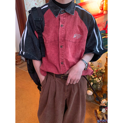 C2自制/美式复古撞色插肩袖牛仔衬衫男女拼接短袖上衣26年夏新款