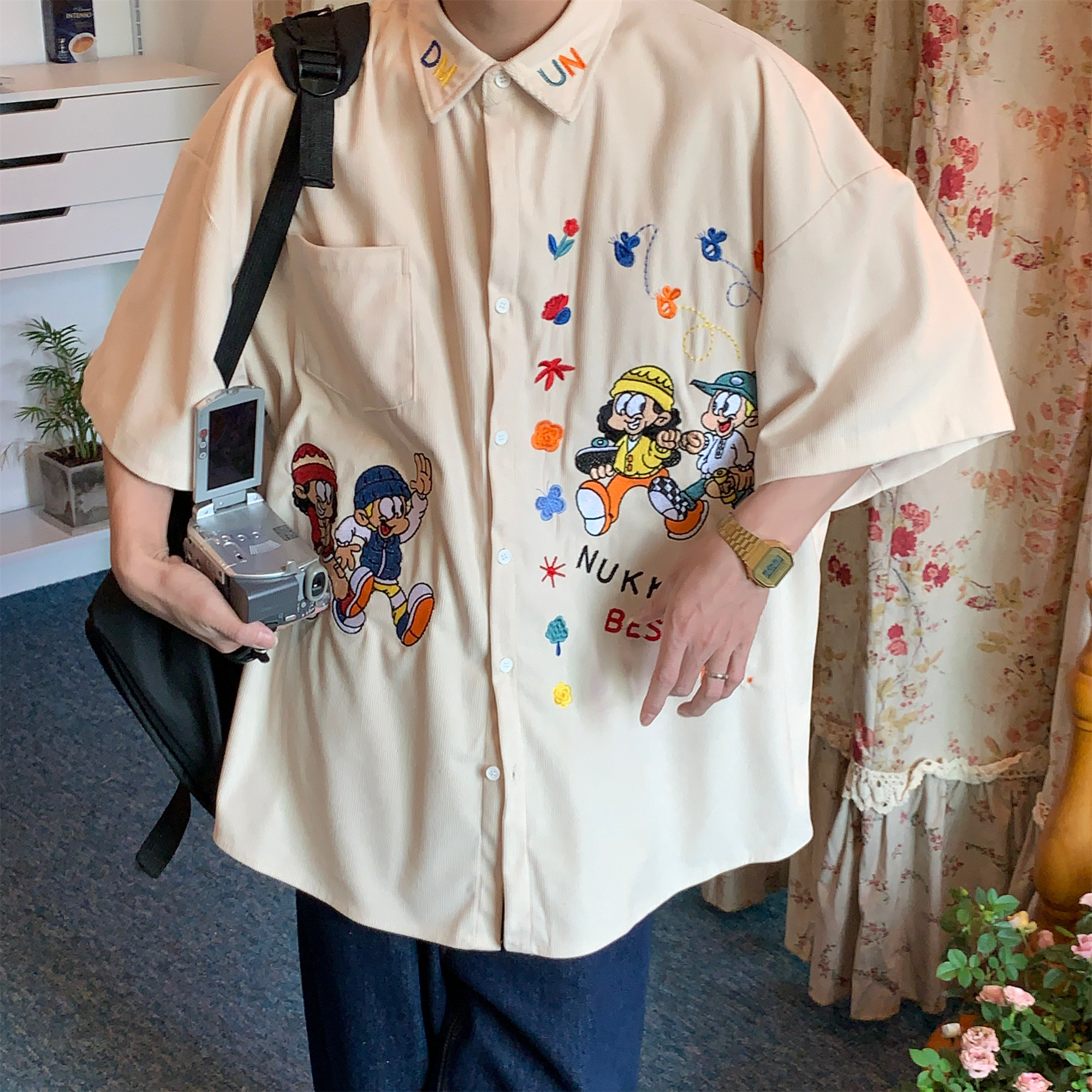 C2自制宽松古着风纽扣短袖灯芯绒