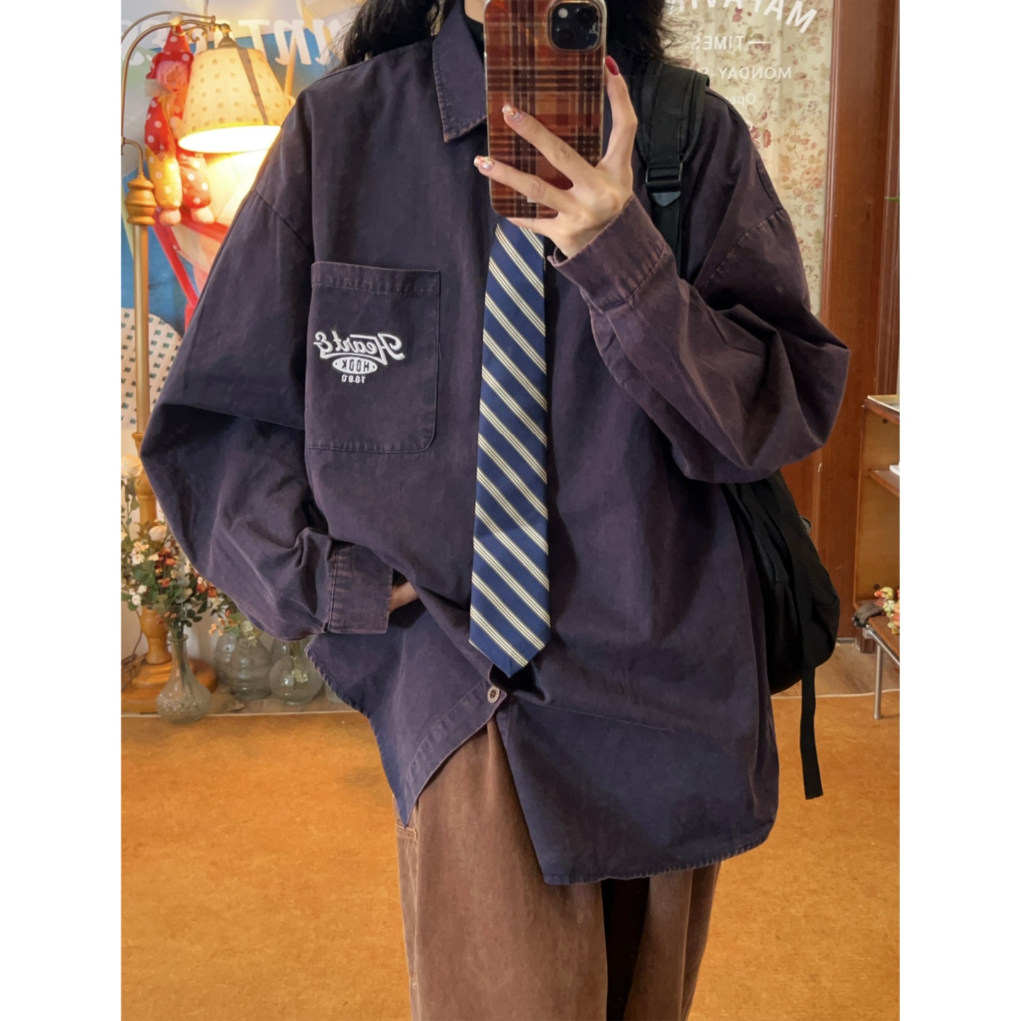 C2自制/美式复古字母刺绣洗水衬衫男女宽松百搭衬衣外套秋冬新款