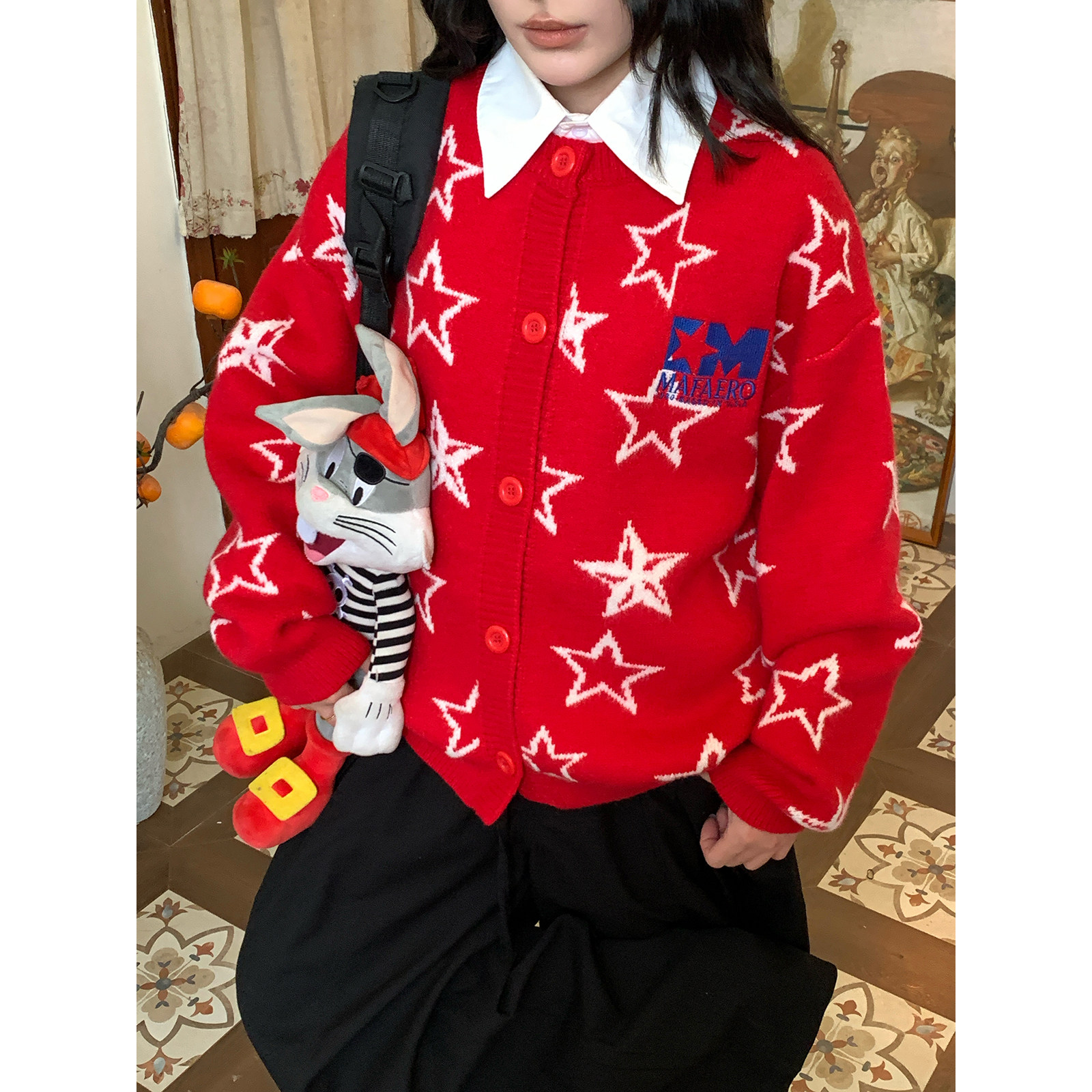 C2自制/复古vintage街头星星提花毛衣男女学院风翻领针织开衫外套