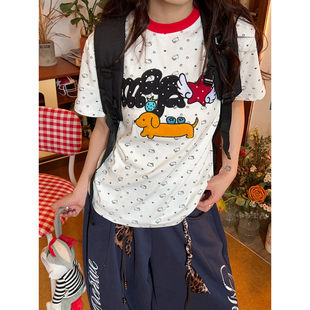 新款 C2自制 T恤女撞色领百搭显瘦上衣夏季 卡通风满印花短袖 潮 美式