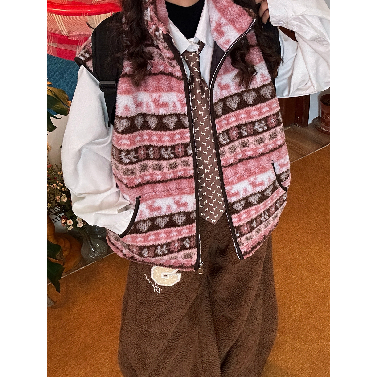 C2自制/羊羔绒立领花纹夹棉马甲女秋冬新款百搭叠穿棉衣保暖外套