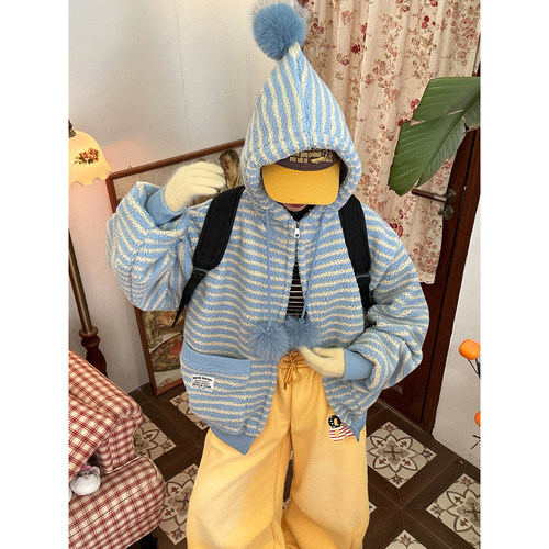 C2自制/童趣星星人连帽条纹羊羔绒外套男女冬款新款宽松休闲棉服