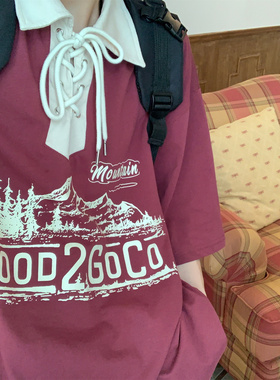 C2自制/美式复古山脉短袖翻领POLO衫潮流夏日宽松休闲设计感T恤