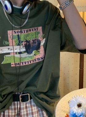 C2自制/加洲熊复古T恤欧美潮牌印花短袖港风宽松百搭vibe上衣ins