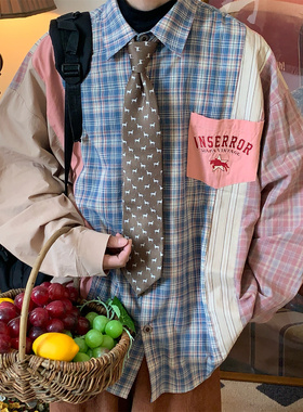 C2自制/小众日系复古vintage长袖衬衫秋装拼接撞色格纹衬衣情侣潮