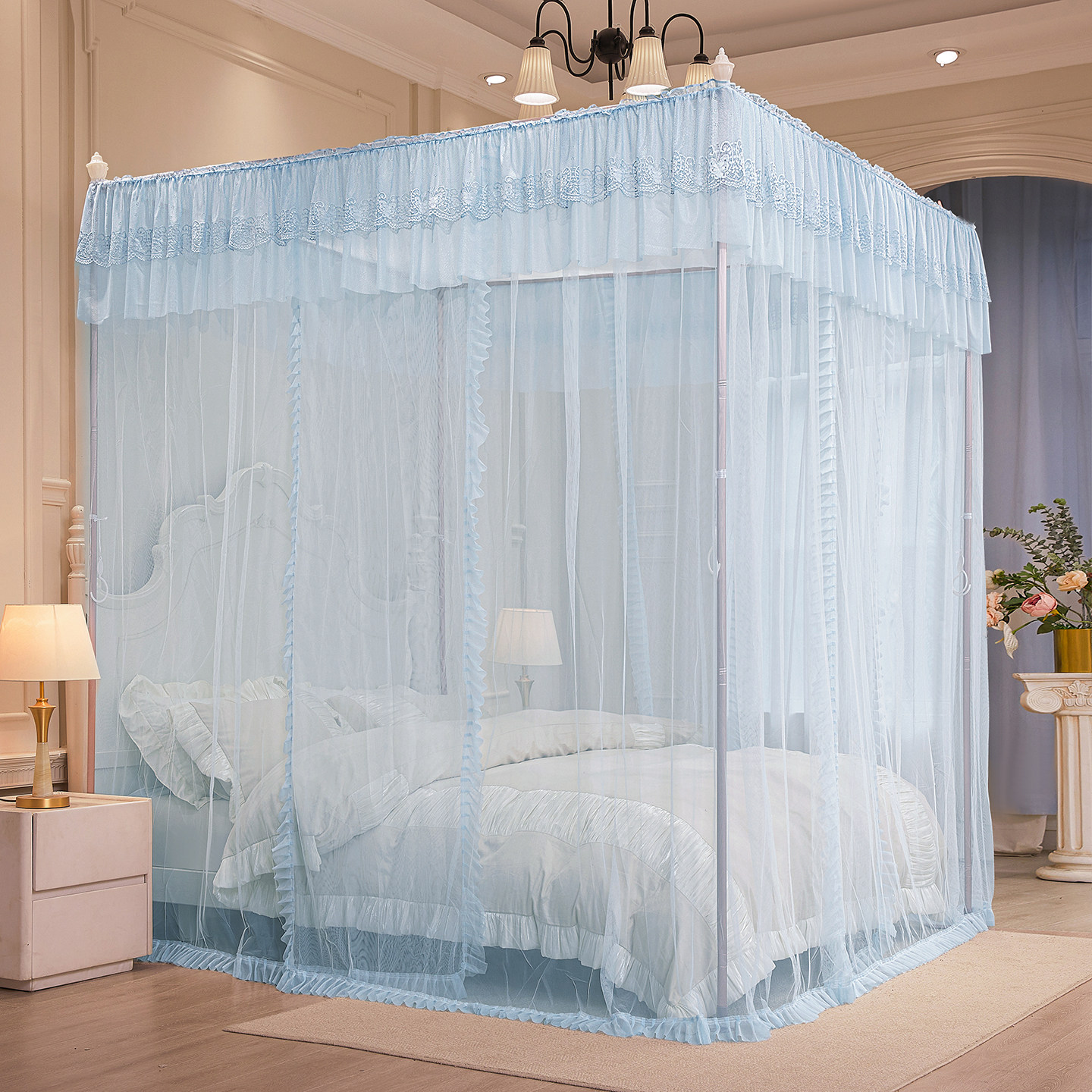 落地蚊帐三开门家用卧室新款高级加粗支架宫廷公主风一体式防尘顶