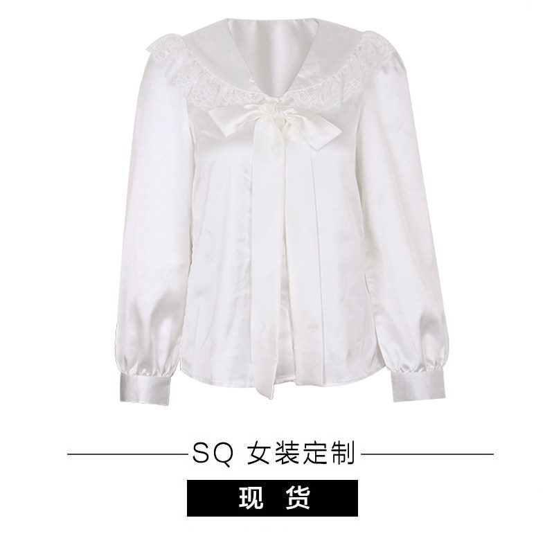 sq 大姐姐 甜心阿miu系列 翻领花边真丝衬衣高腰开衩显瘦短裙