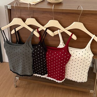 磨毛红色波点蕾丝吊带背心女一体式内搭外穿棉平领带胸垫打底上衣