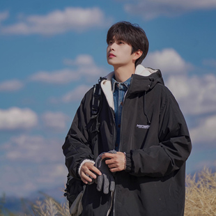 港仔文艺男两面穿羊羔毛棉衣男冬季 潮流男生仿冲锋衣棉服外套男款