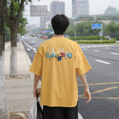 重磅字母毛巾绣T恤男夏季纯棉