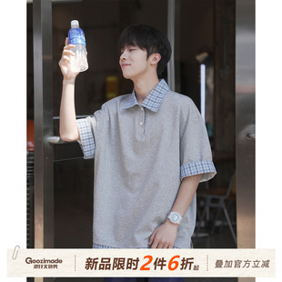 短袖 假两件条纹polo衫 T恤男夏季 青少年美式 上衣 GOOZI 半袖 MADE