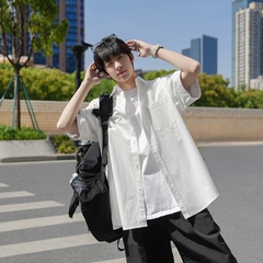 @港仔文艺男 短袖衬衫男夏季薄款日系男生纯棉白色衬衣外套男款