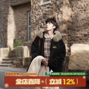 GOOZI MADE毛领连帽开衫毛衣男冬季美式复古休闲双拉链针织衫外套