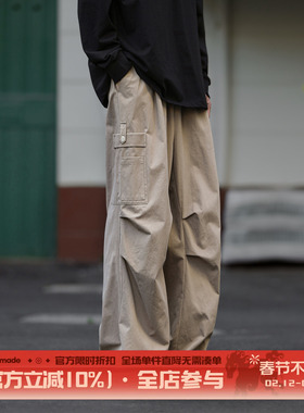 港仔文艺男伞兵工装裤男款春秋日系机能直筒阔腿长裤男生休闲裤子