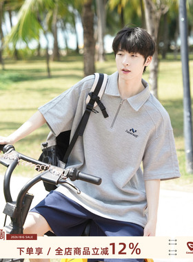 @港仔文艺男280g重磅灰色半拉链短袖T恤男夏季刺绣宽松polo衫上衣
