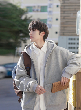 GOOZI MADE 灰色连帽开衫卫衣男冬季重磅青少年运动拉链帽衫外套