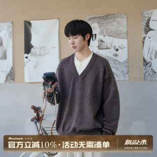 GOOZI MADE 男友风假两件V领毛衣男冬季复古通勤慵懒套头针织衫
