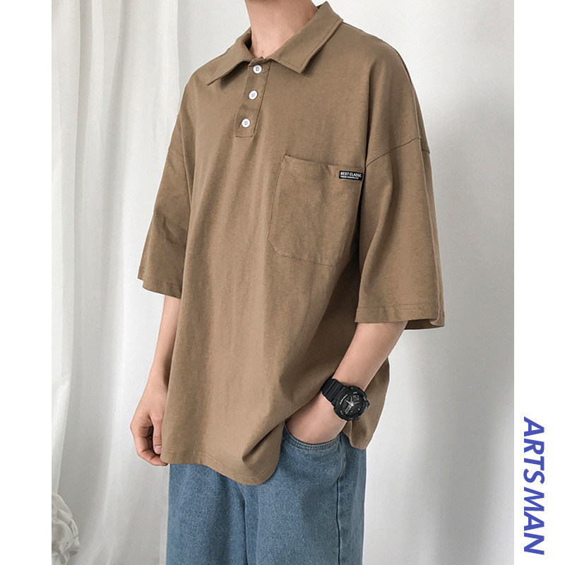 @港仔文艺男  Polo衫男纯色复古潮流夏天青少年韩版宽松短袖T恤潮|ruв категории Мужская одежда, поло - от Buy2taobao.com для оказания профессиональной услуги покупки агента Taobao