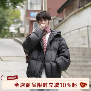 @港仔文艺男 黑色羽绒服男冬季轻薄保暖面包服短款连帽羽绒衣外套
